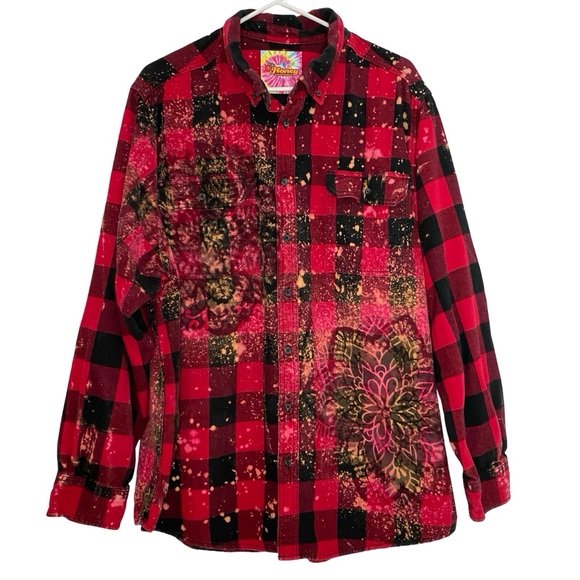 Handmade Other - Handmade Floral Flannel Shirt Mens Size 2XL Red Black Bleached Plaid Button Down